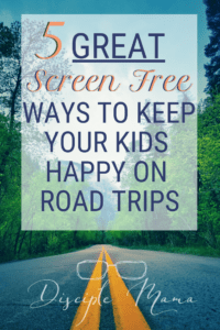 Road with text: 5 Great Screen-free ways to keep you kids happy on road trips | Disciple Mama