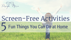 Boy playing in a grassy field with text overlay - Screen-Free Activities: 5 Fun Things You Can Do at Home