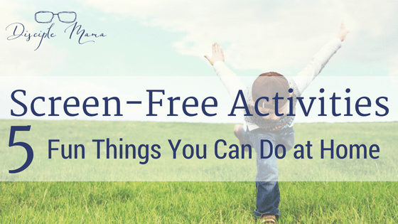 Boy playing in a grassy field with text overlay - Screen-Free Activities: 5 Fun Things You Can Do at Home