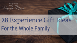 Gift box with ribbon with text overlay: 28 Experience Gift Ideas for the Whole Family