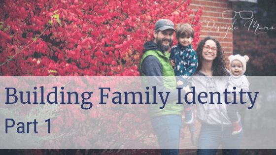 Father, mother, a young boy, and a baby in front of a red bush with text overlay: Building Family Identity, Part 1